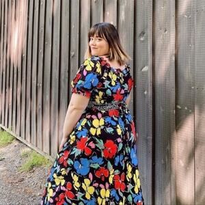 Rixo Target Black Floral Off Shoulder Puff Sleeve Maxi Summer Dress Size 28W/30W